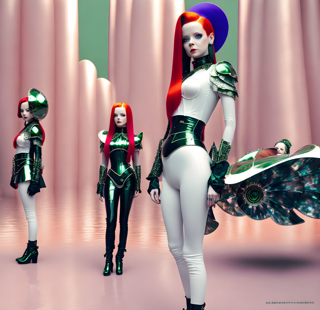 Four stylized female figures in futuristic outfits with metallic accents on pink backdrop.