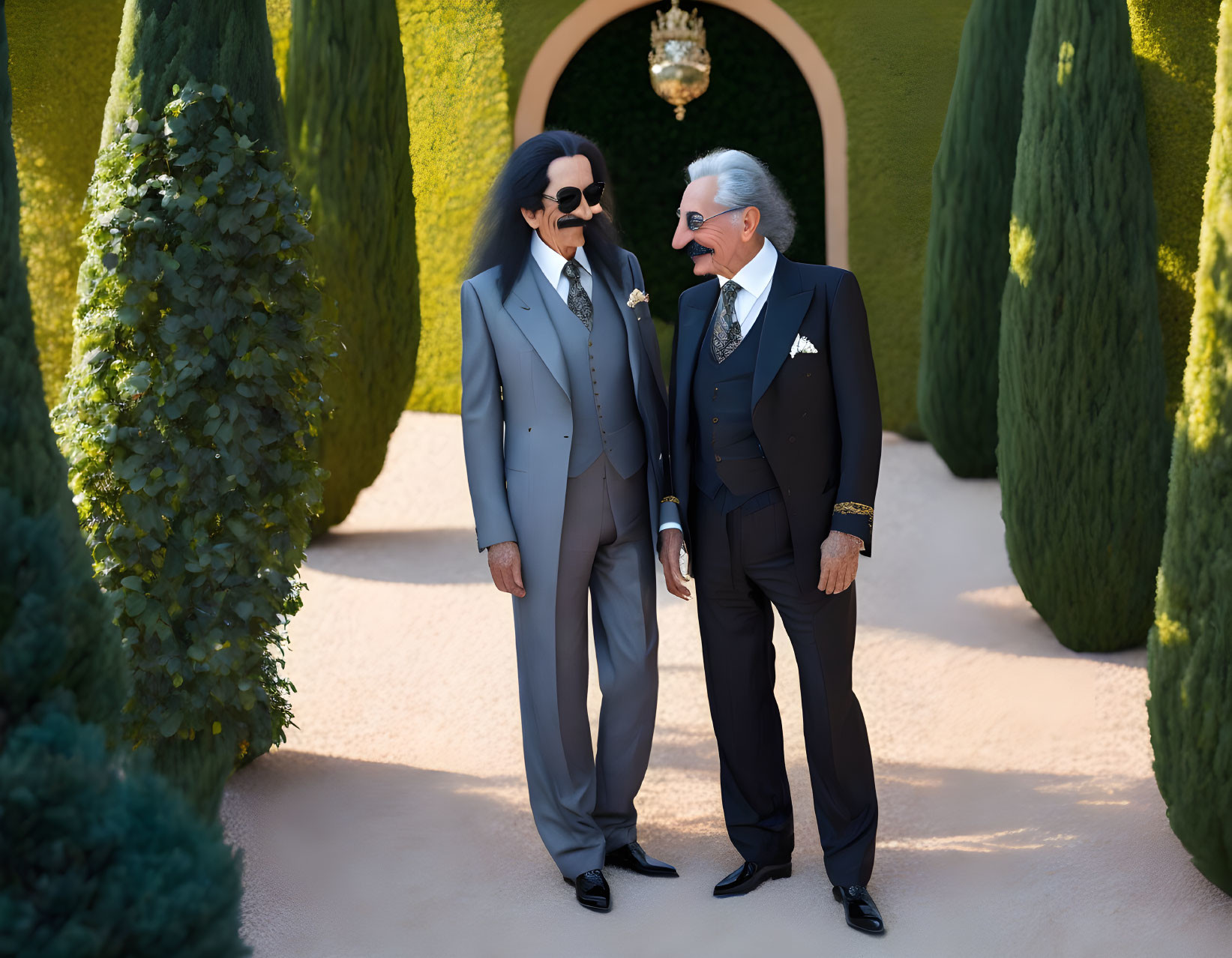 Two male animated characters in grey suits and sunglasses with mustache in a garden setting.