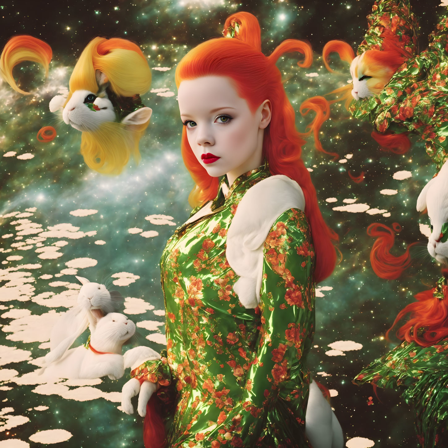 Red-haired woman in green dress with flying fish and rabbits under starry sky