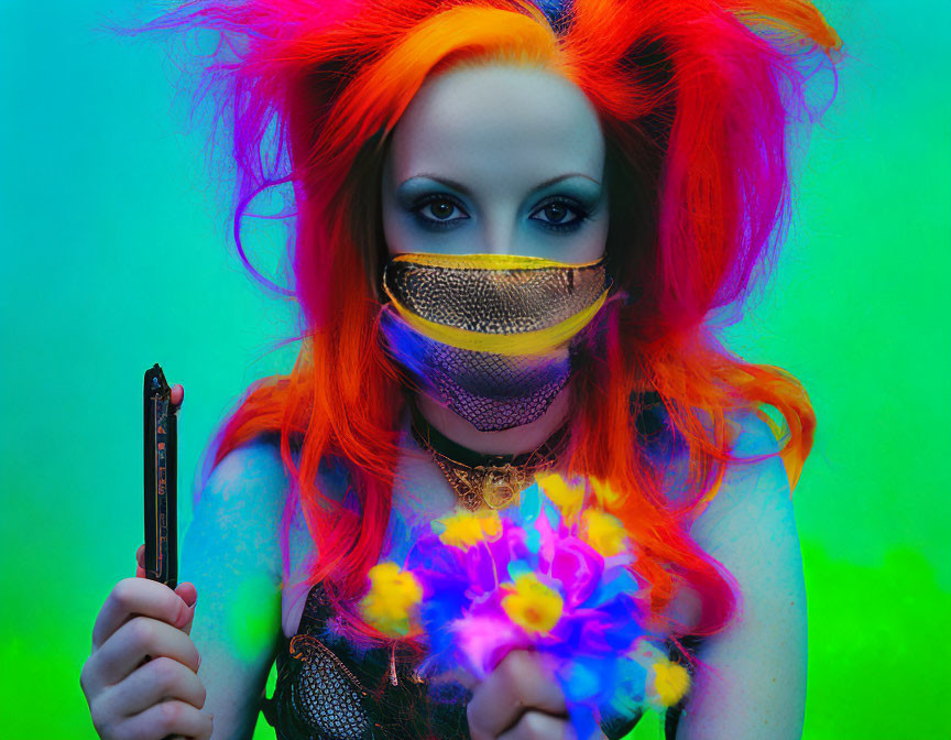 Red-haired person in gold mask with pen and flowers on colorful background