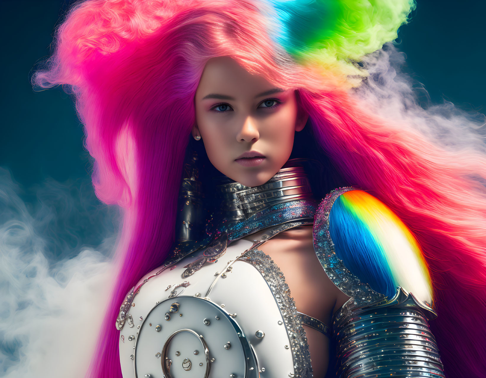 Futuristic woman with multicolored hair and metallic armor on blue background
