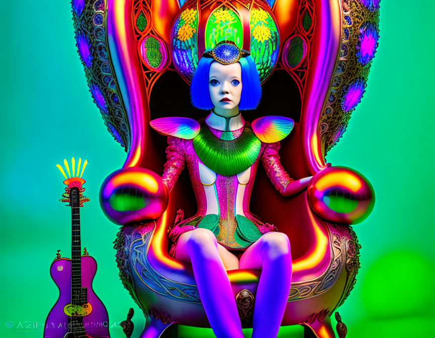 Vibrant surreal art: Blue-skinned humanoid on psychedelic throne with guitar