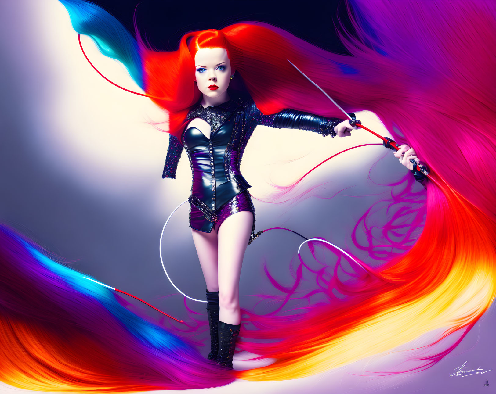 Digitally illustrated female figure with red hair holding a sword amidst colorful abstract shapes on purple background