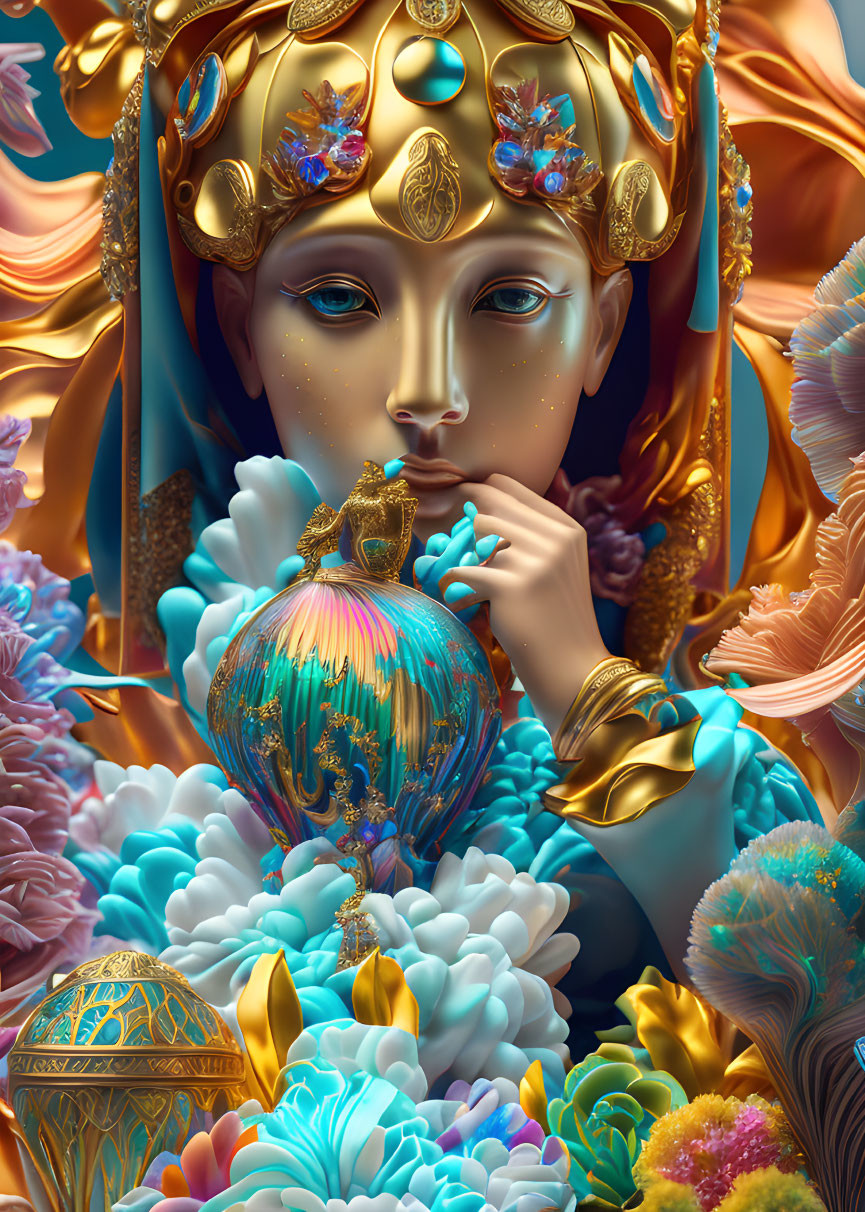 Colorful digital artwork: Figure with golden headdress and ornate object amidst vibrant flora