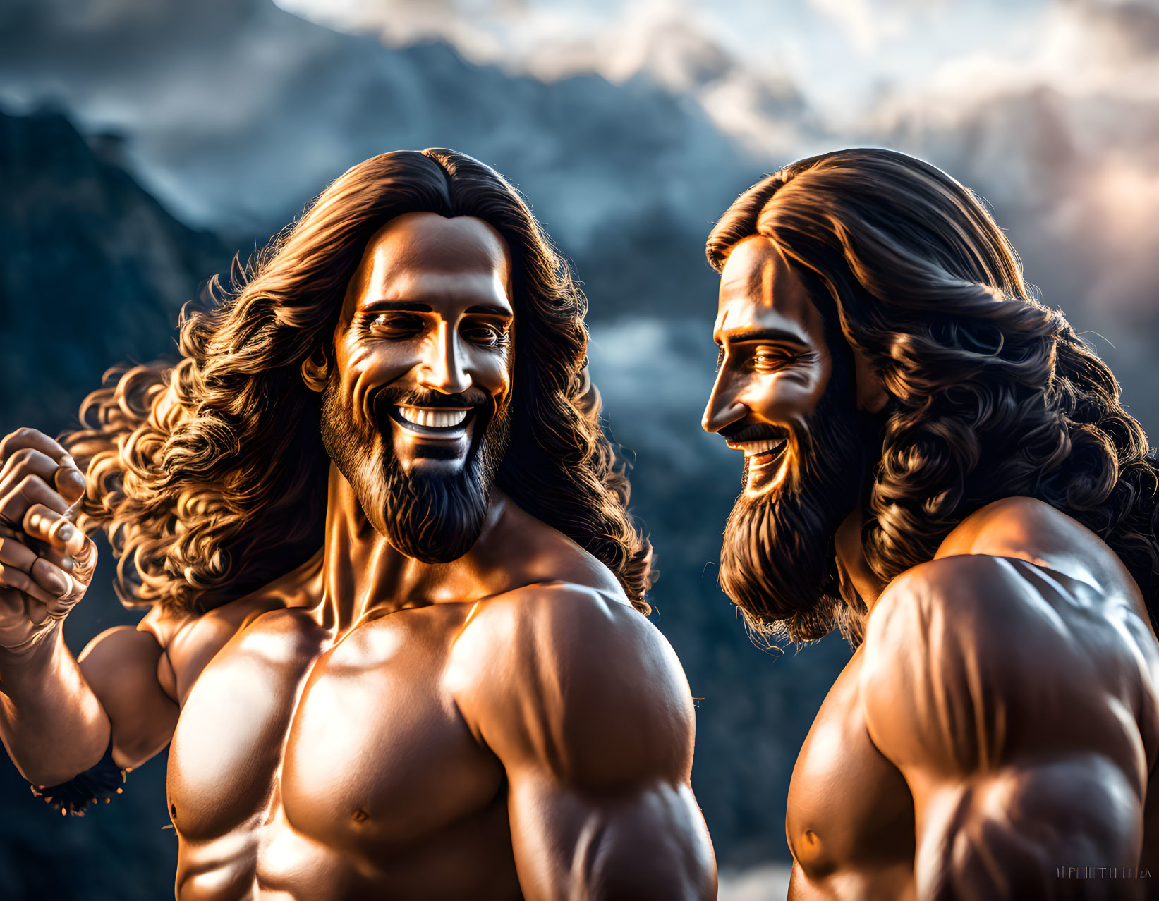 Muscular men with long hair clasping hands in mountain landscape