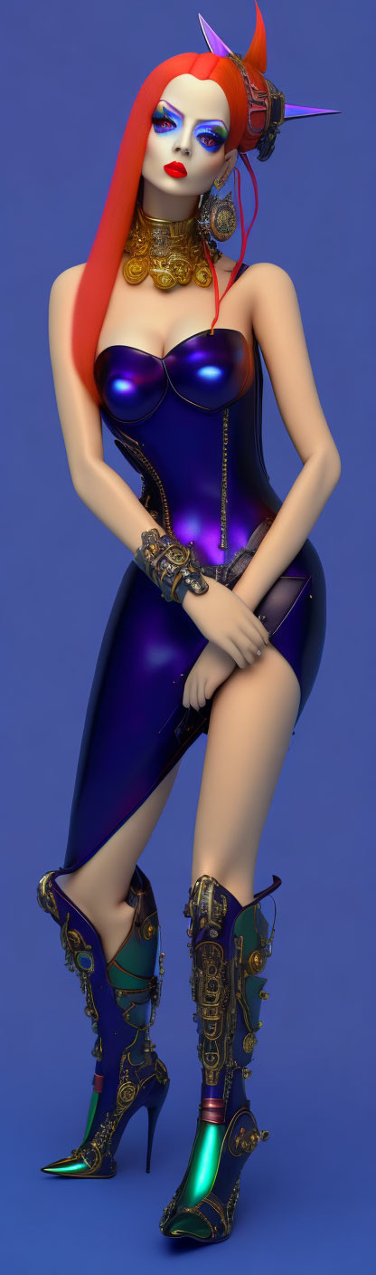 Stylized female character with red hair and intricate gold earrings in purple outfit against blue backdrop