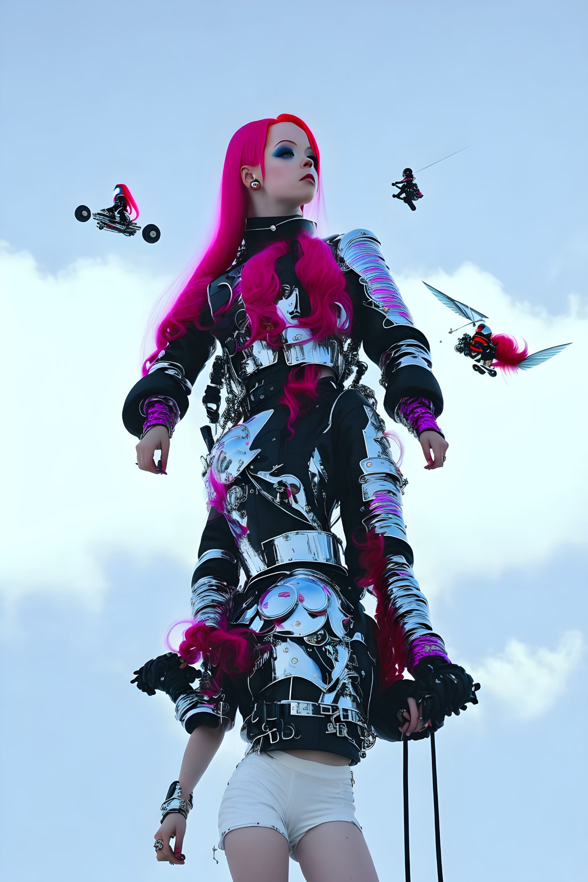 Pink-haired female figure in futuristic attire with flying vehicles against sky
