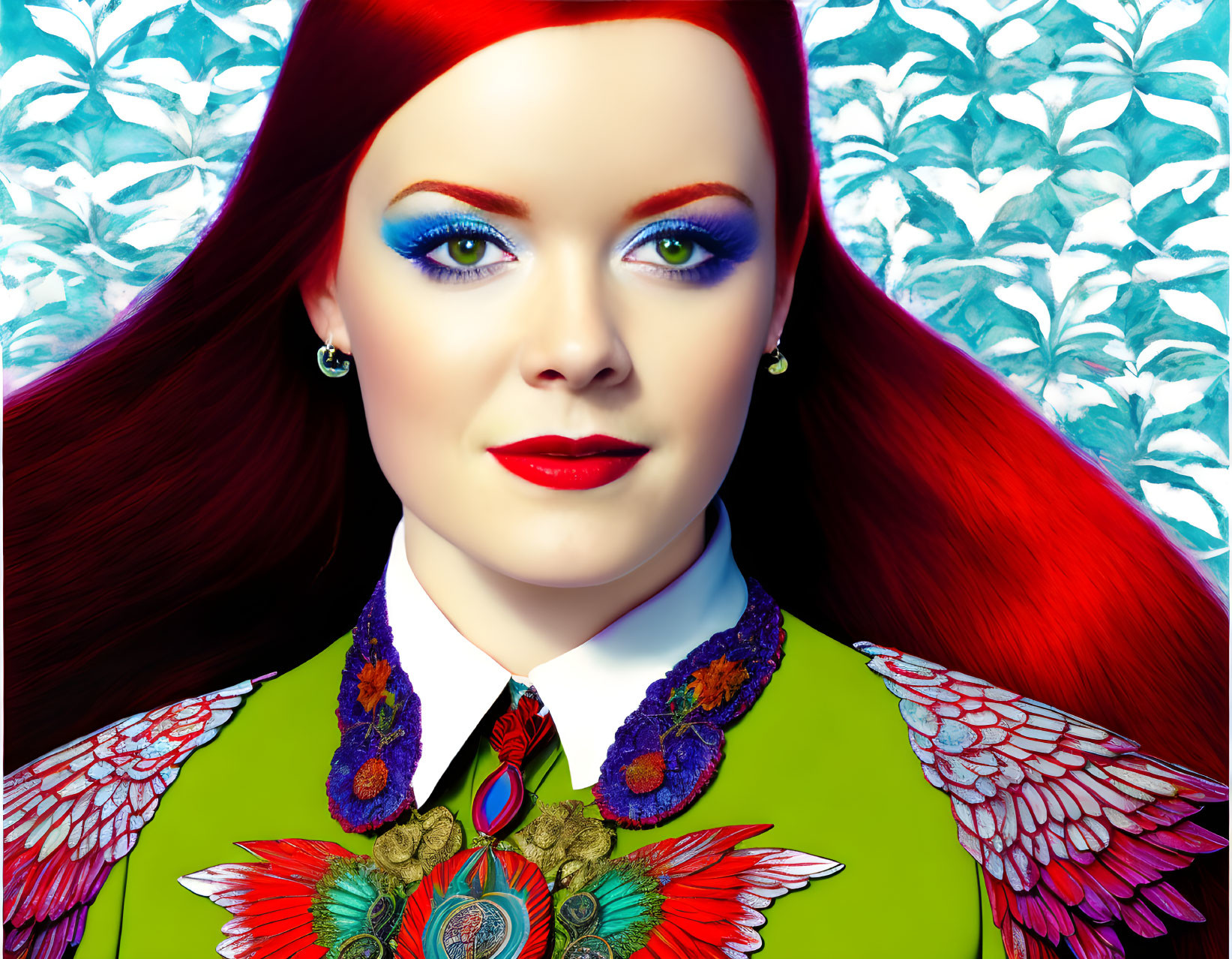 Vibrant digital artwork of a woman with red hair and colorful outfit