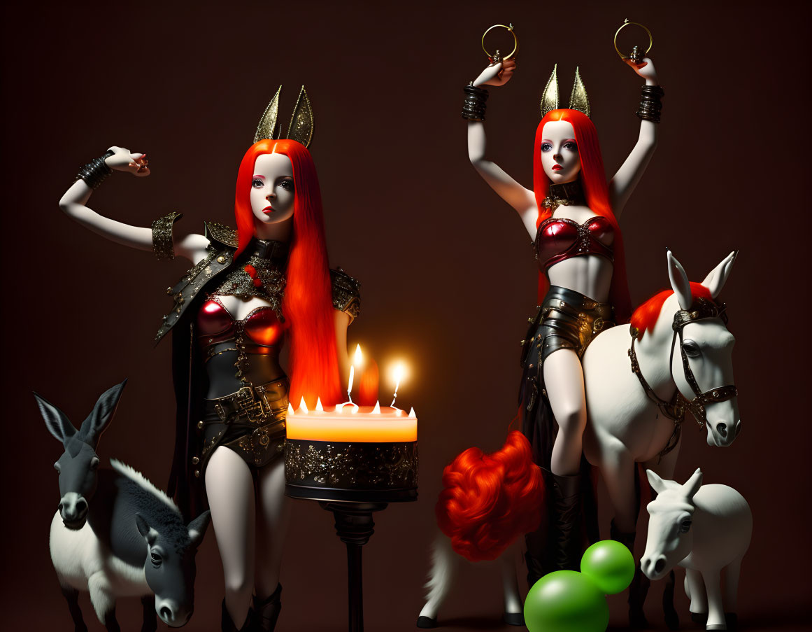 Fantasy figurines with red hair and horns, black and gold outfits, holding moon symbol, surrounded