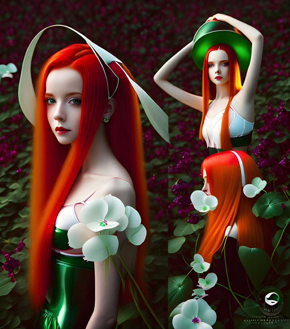 Digital artwork: Woman with red hair in greenery & flowers, front & back views