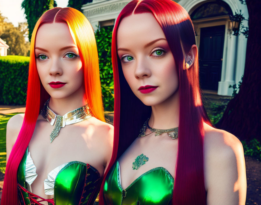 Stylized women with ombre hair in futuristic outfits by a mansion.