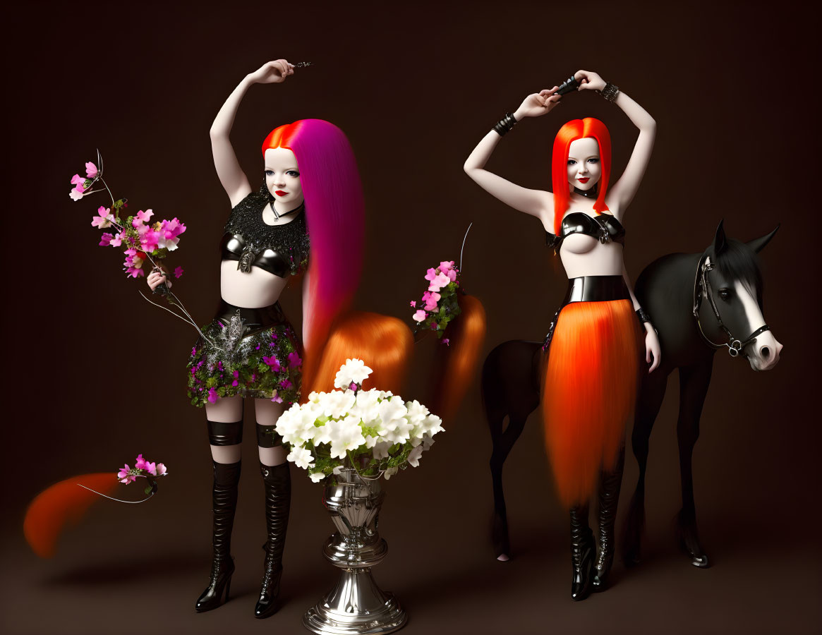 Stylized female figures with ombre hair and edgy fashion next to horse and flowers.