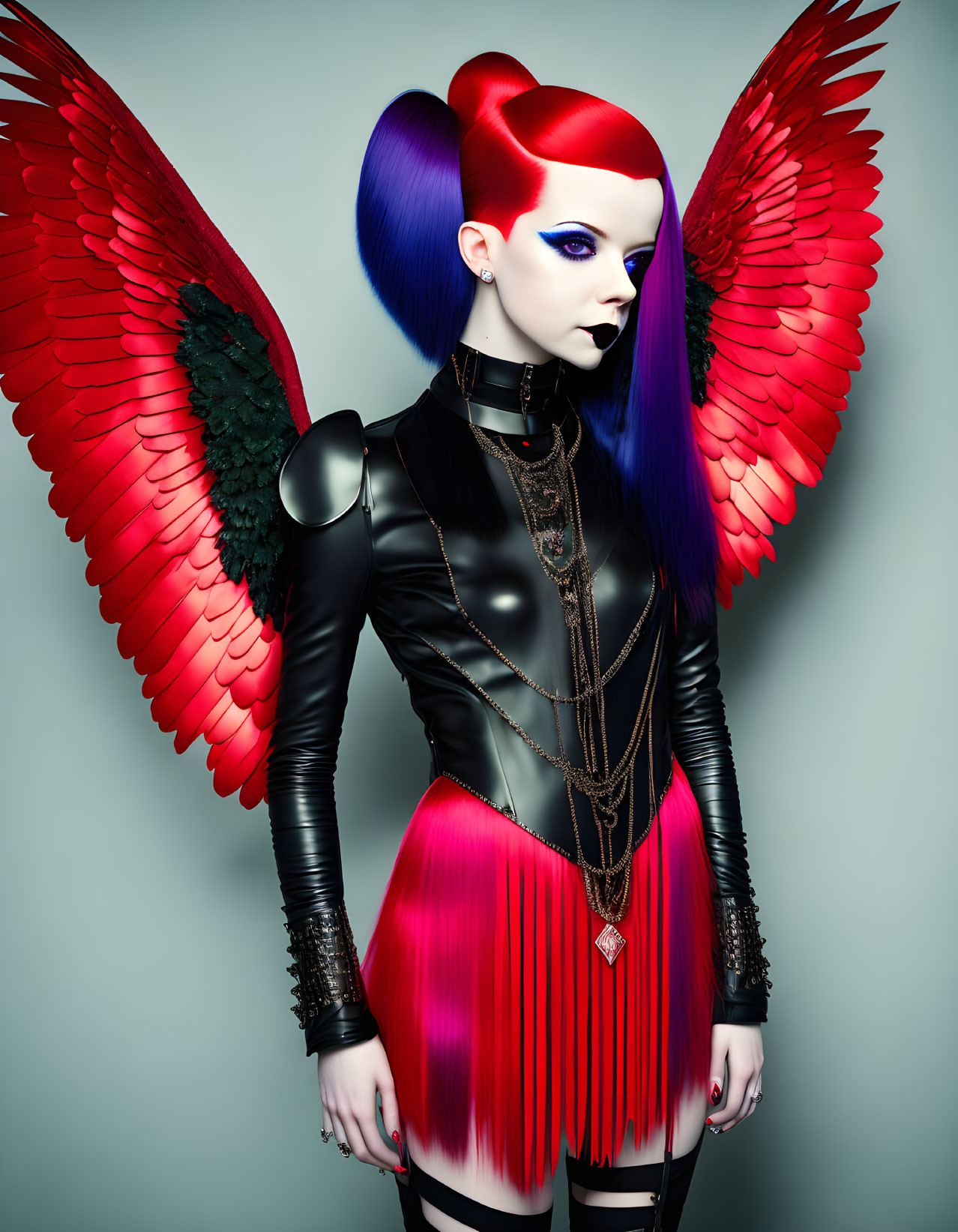 Portrait of a person with red wings, blue and red hair, dark outfit, and blue lipstick
