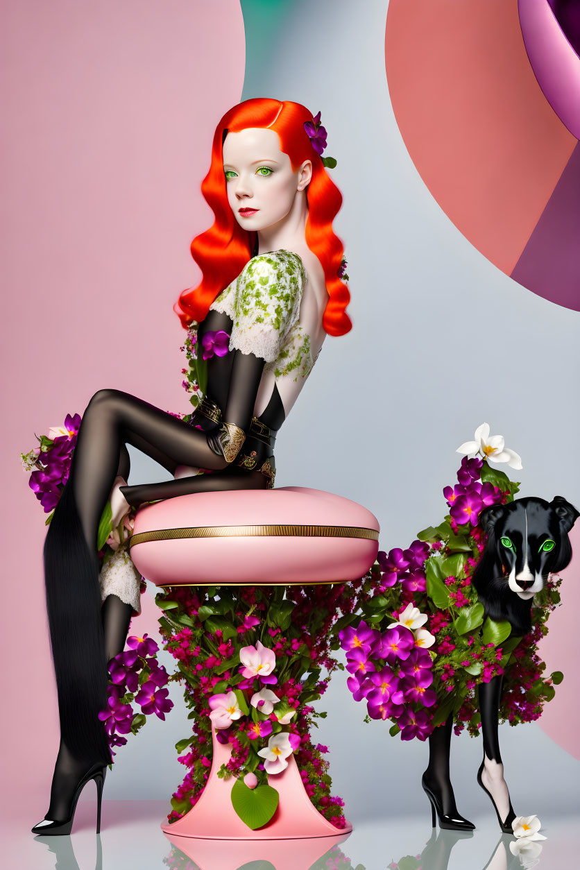 Illustration of woman with red hair in floral outfit with dog on pink stool