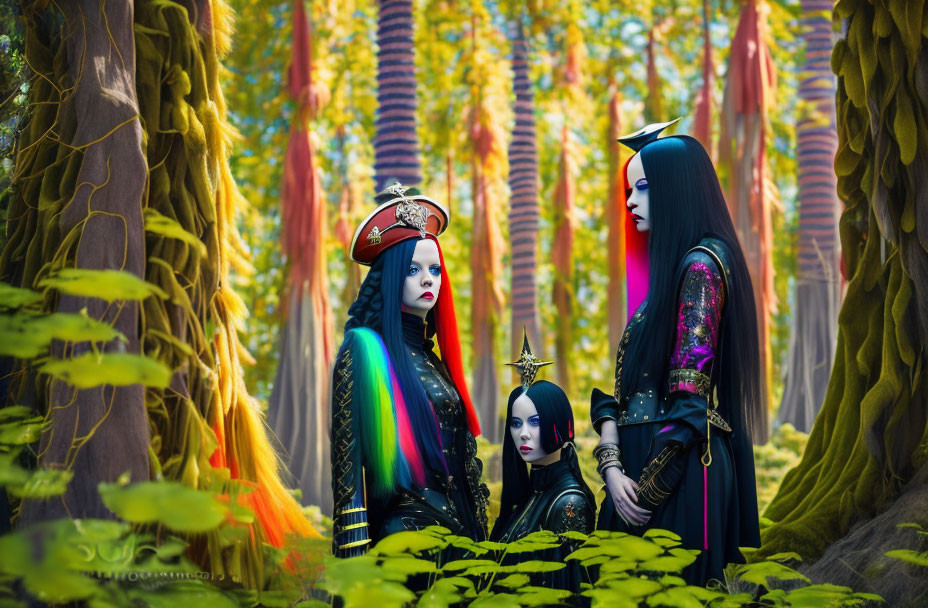 Three individuals in elaborate fantasy costumes in colorful forest with striped trees.