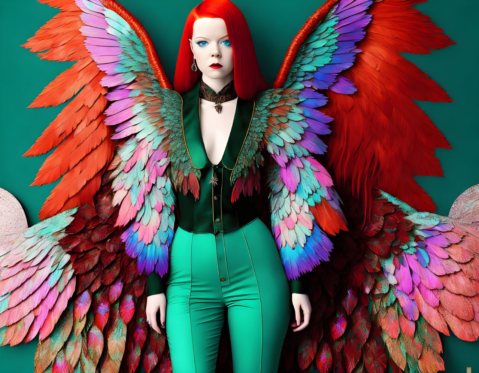 Colorful digital artwork: Woman with vibrant wings, red hair, green clothing on teal background.