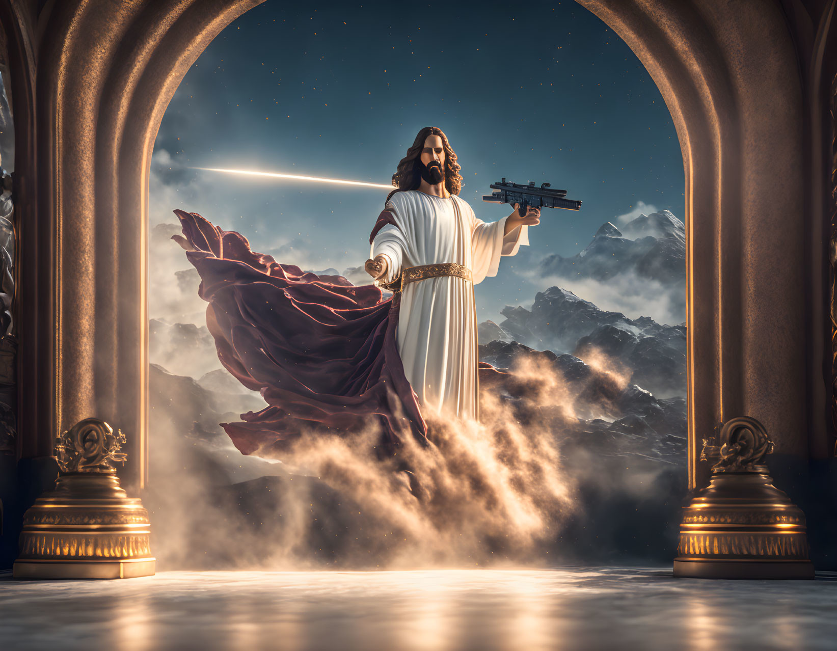 Religious figure with futuristic gun in ornate archway above clouds