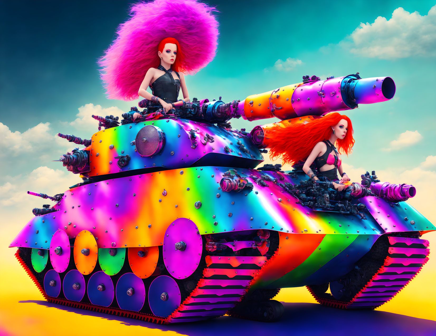 Colorful Tank with Polka Dots and Stripes, Two Women with Exaggerated Hairstyles