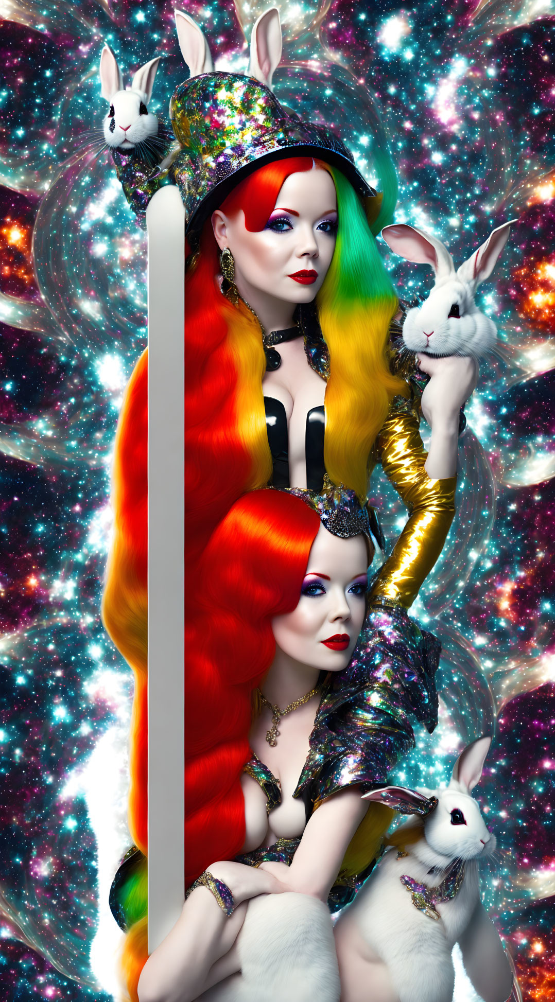 Vibrant portrait of woman with rainbow hair, red eyepatch, holding white rabbits, cosmic
