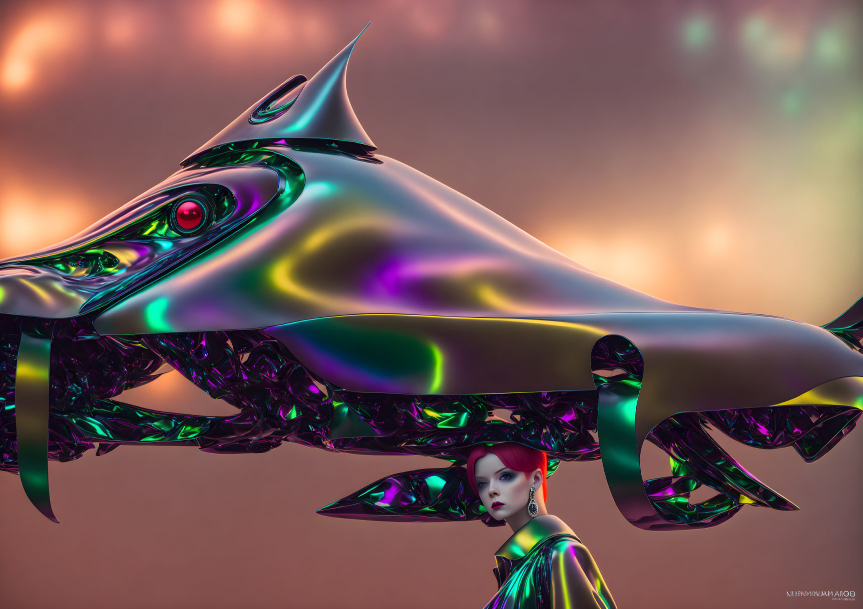 Surreal digital artwork: Woman with metallic shark-like structure against warm-toned backdrop