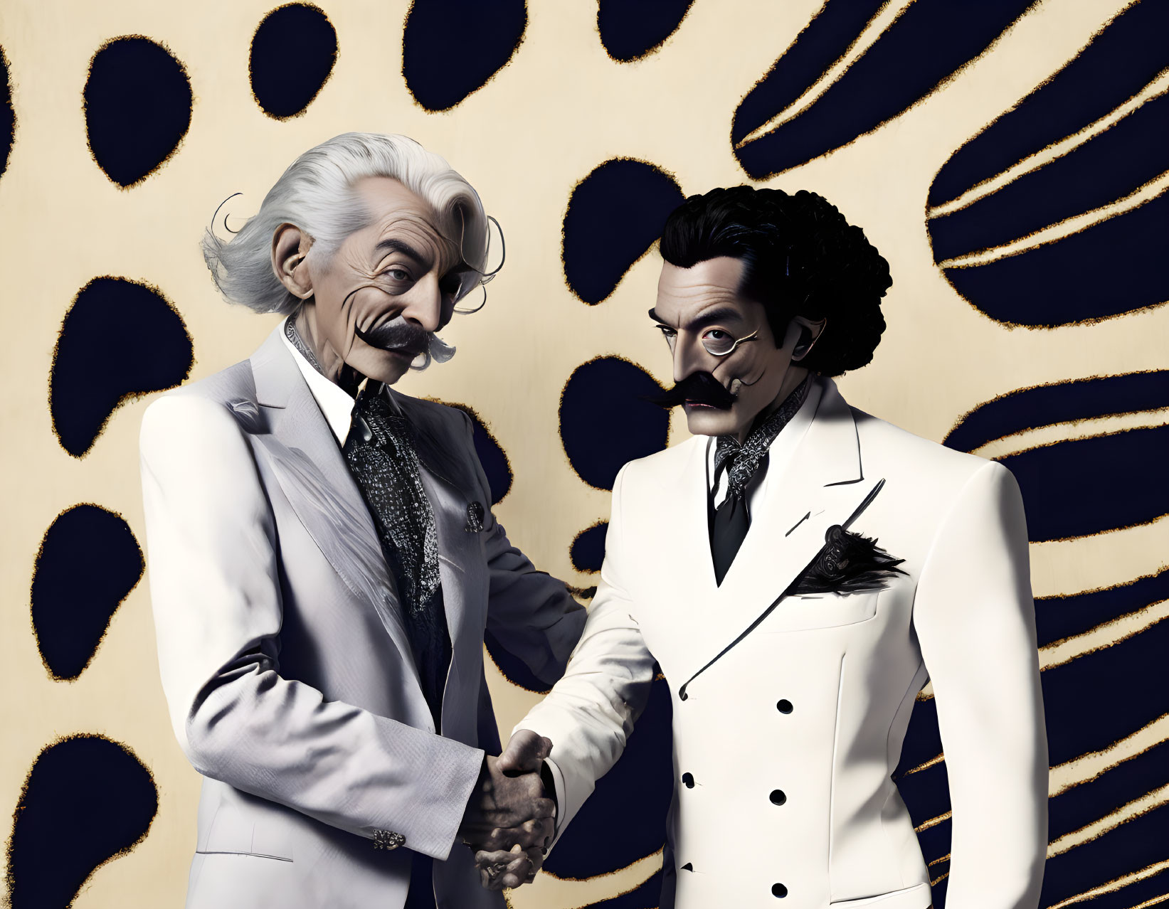 Stylized men in white suits shaking hands on golden backdrop