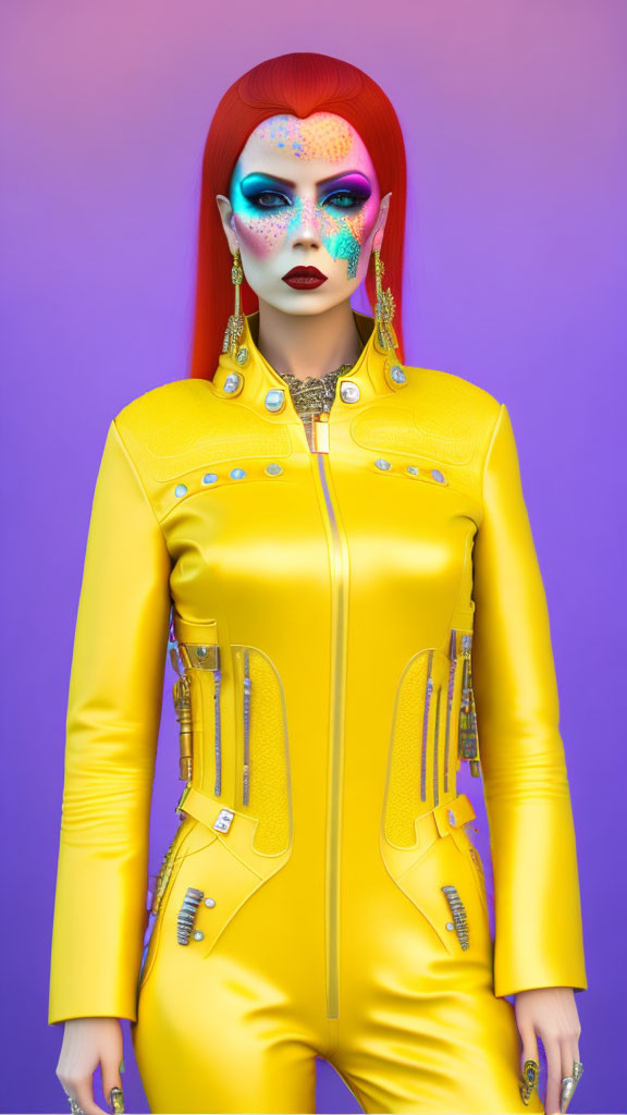 Vibrant red-haired model in yellow leather outfit on purple backdrop