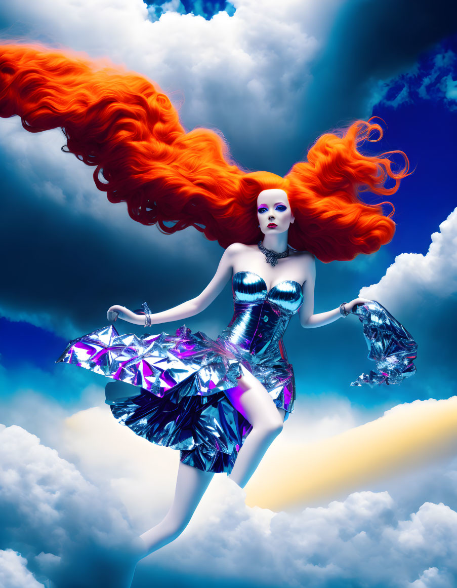 Vibrant red-haired woman in metallic dress against blue sky