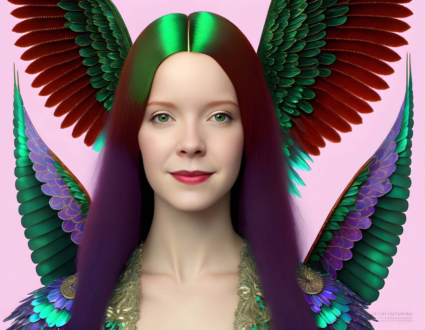 Vibrant green hair and multicolored bird wings in digital art portrait