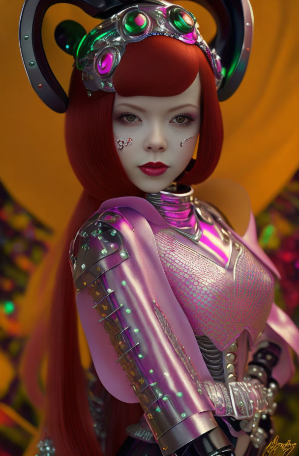 Digital Artwork: Female Figure in Futuristic Armor with Glowing Headpiece