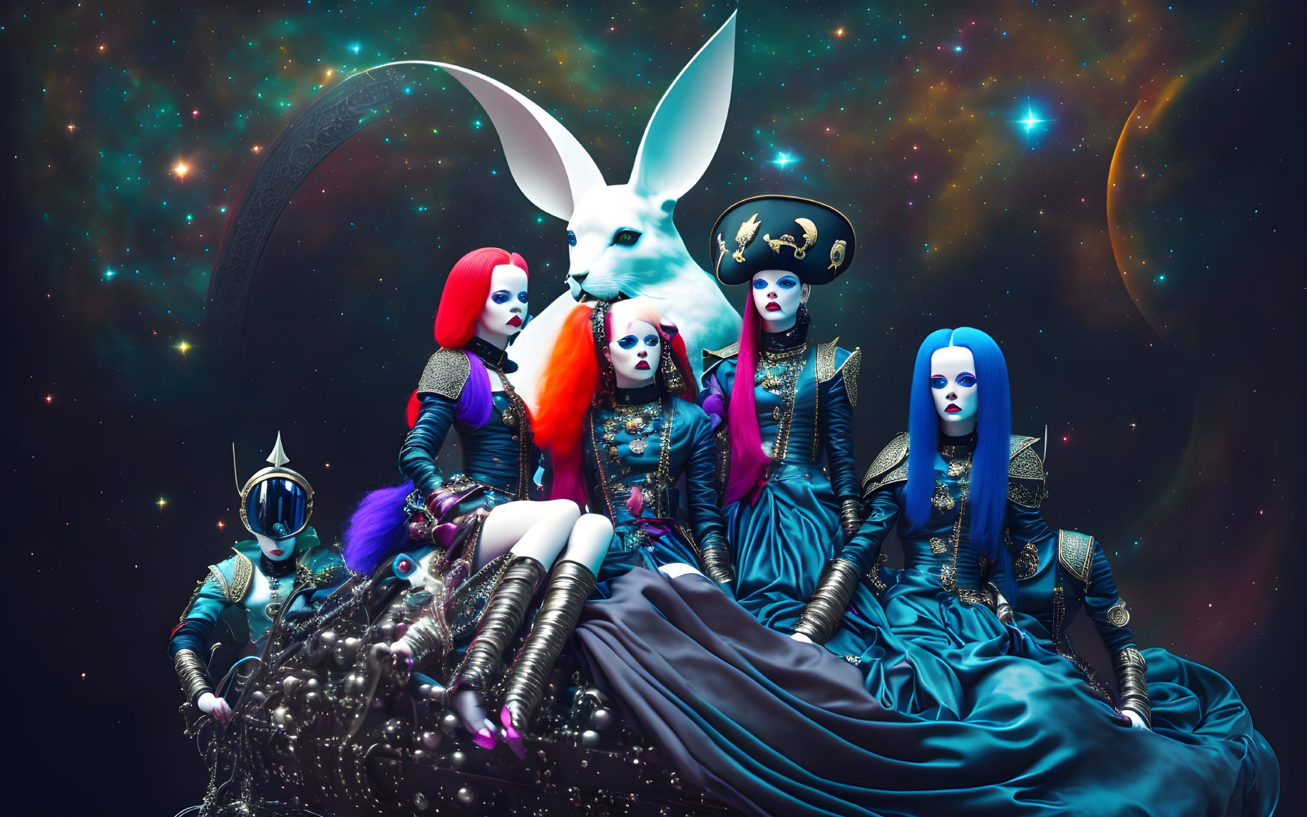 Four female figures in gothic attire with giant white rabbit in surreal cosmic scene