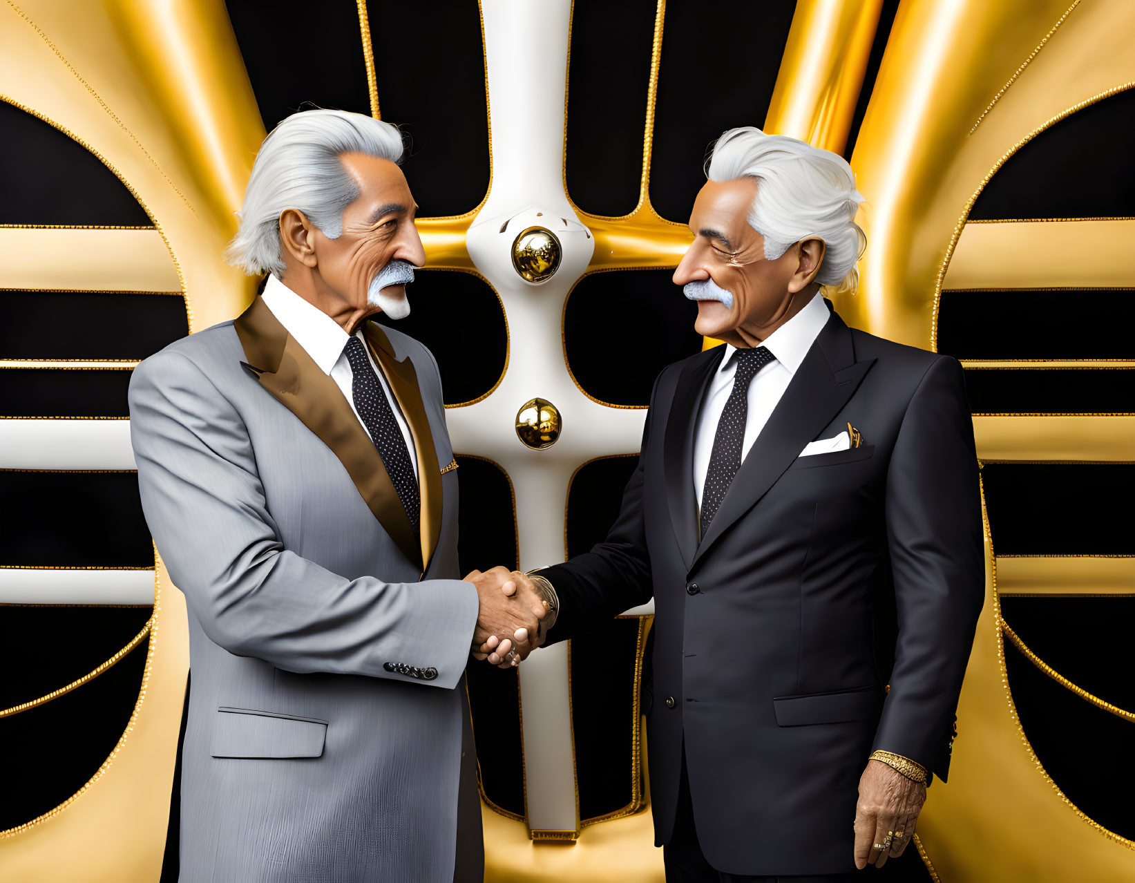 Elderly Men in Suits Shaking Hands Against Luxurious Golden Backdrop