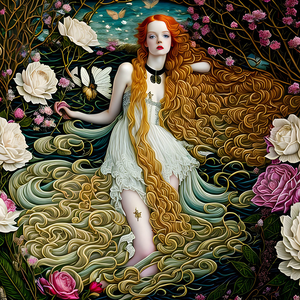 Colorful Digital Illustration: Woman with Long Flowing Hair Among Stylized Flowers