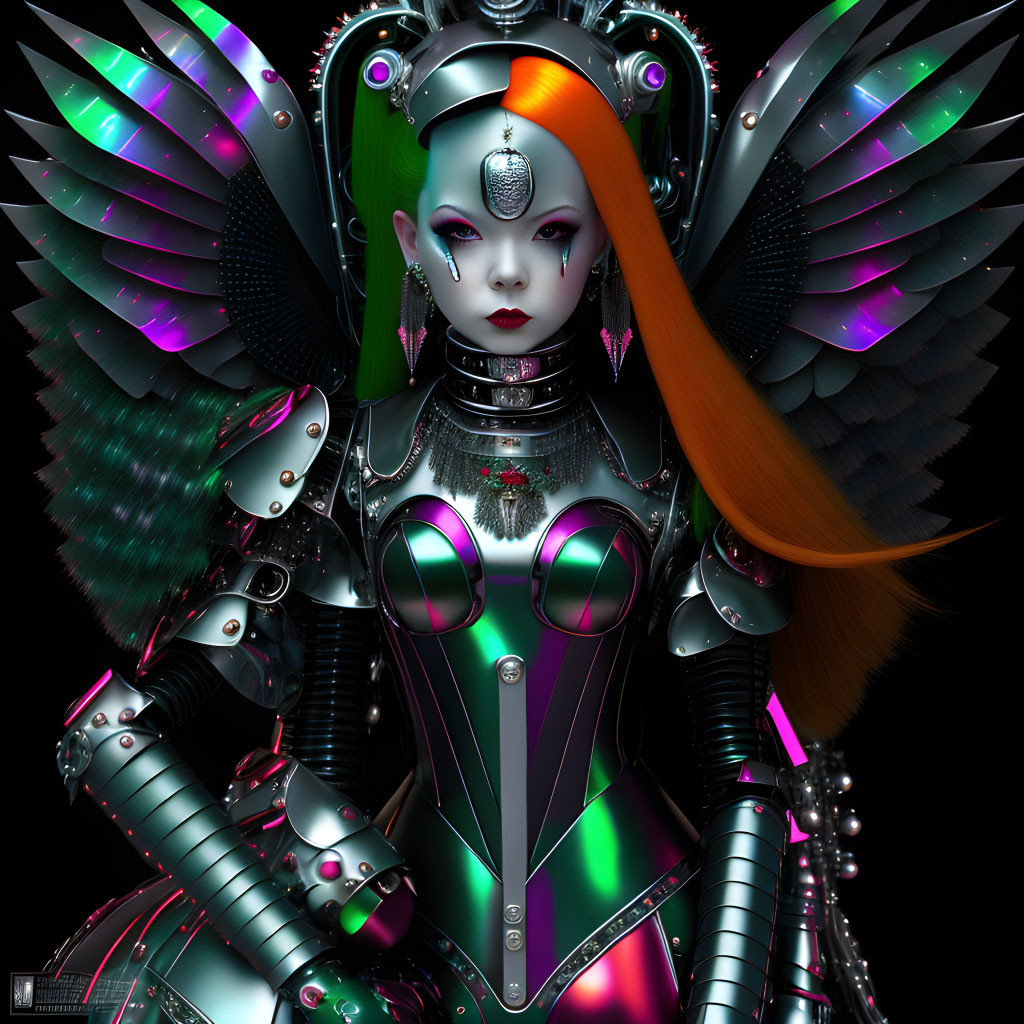 Female cyborg with iridescent wings, silver armor, and glowing elements