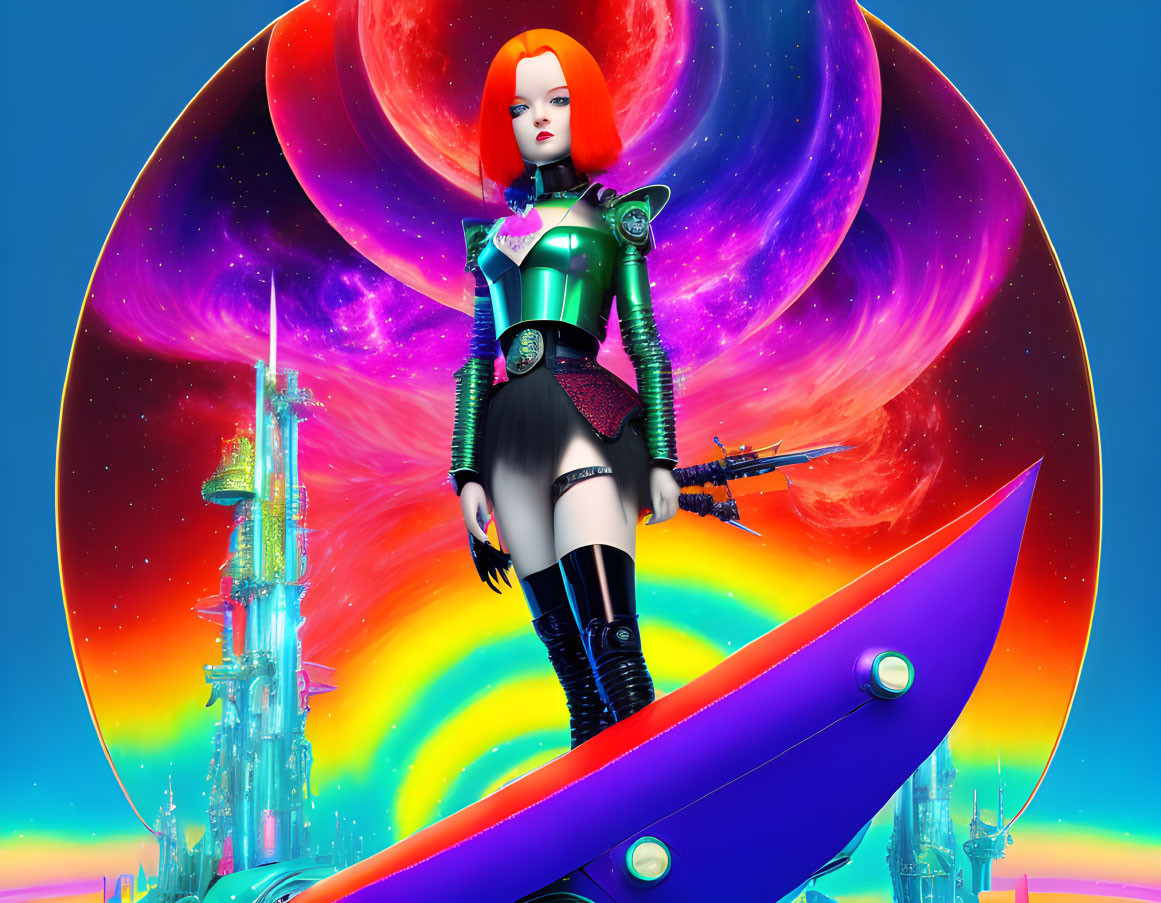 Futuristic female warrior on hoverboard in cosmic setting