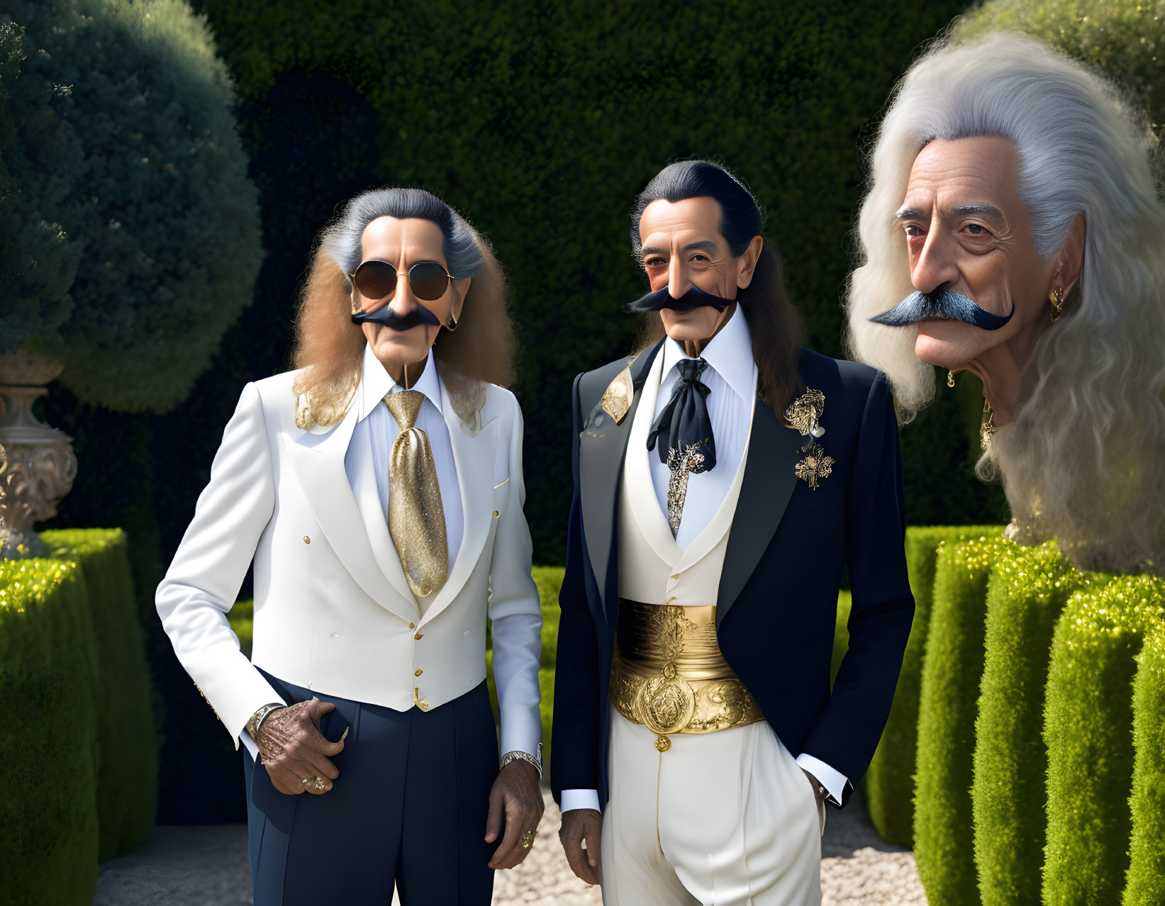 Stylized animated male characters in white and navy suits with golden accessories