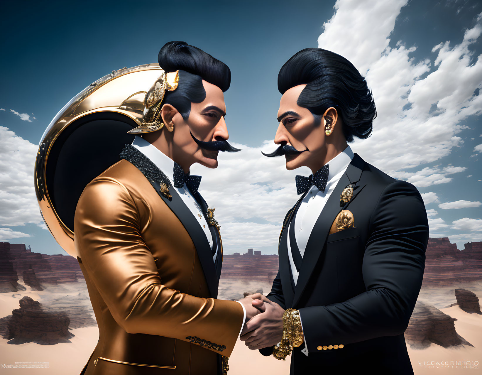 Stylized male figures with pompadours and mustaches in ornate suits under dramatic sky