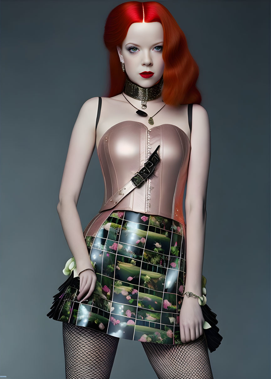Red-haired woman in corset, plaid skirt, fishnet stockings, choker