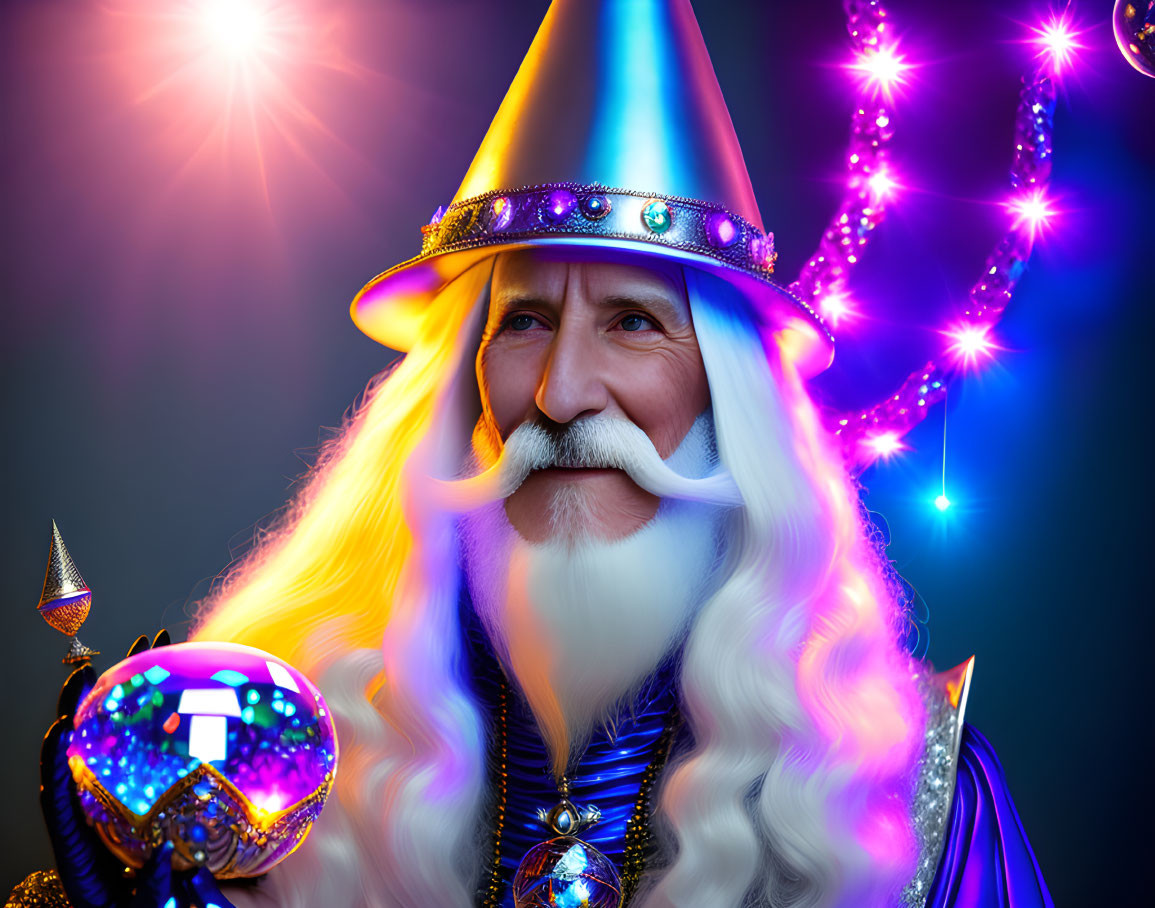 White-bearded wizard in blue starry attire holding mystical orb surrounded by magical lights and sparkles