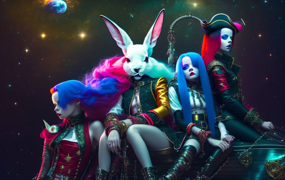 Colorful characters with extravagant costumes and a large rabbit in cosmic setting
