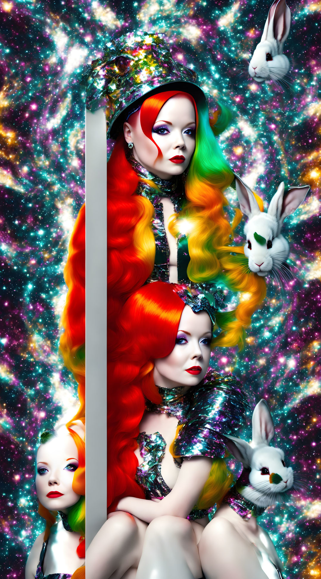 Colorful cosmic image: Three women with multicolored hair, makeup, two white rabbits, star