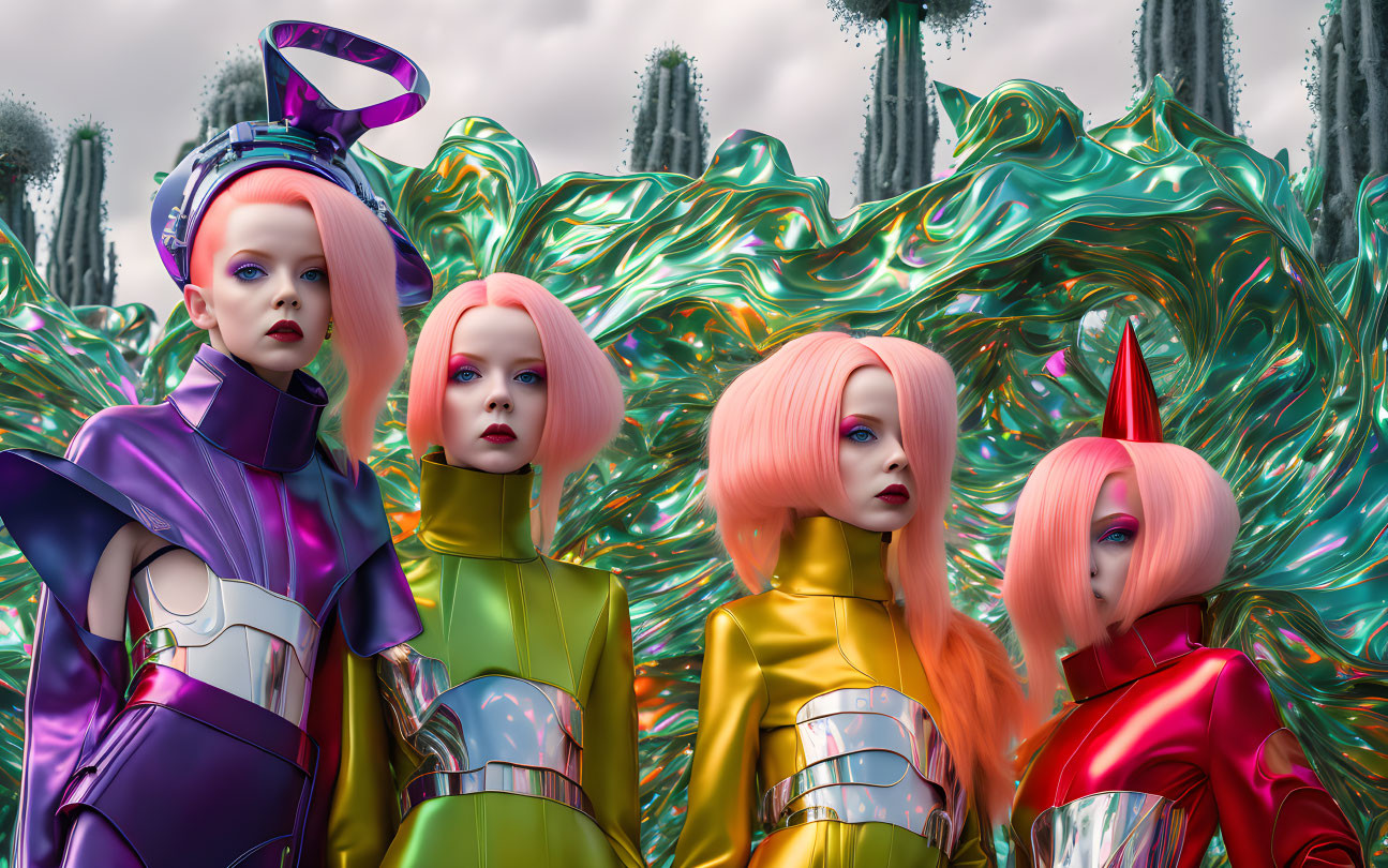 Four futuristic female figures in metallic outfits on green landscape