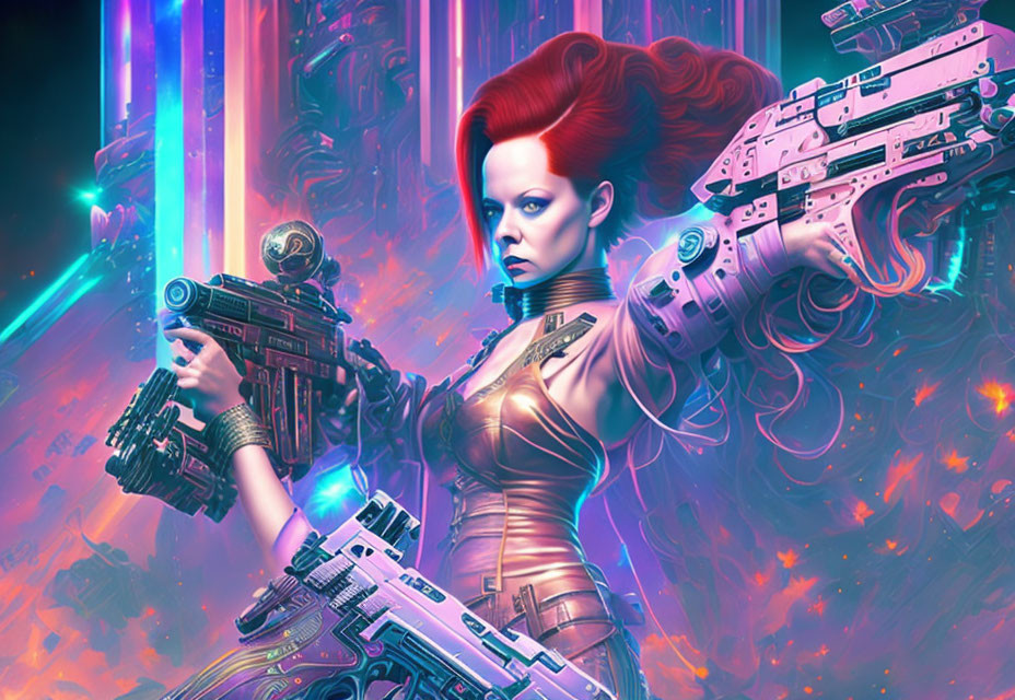 Futuristic female warrior with red hair and cybernetic arms in neon-lit sci-fi setting