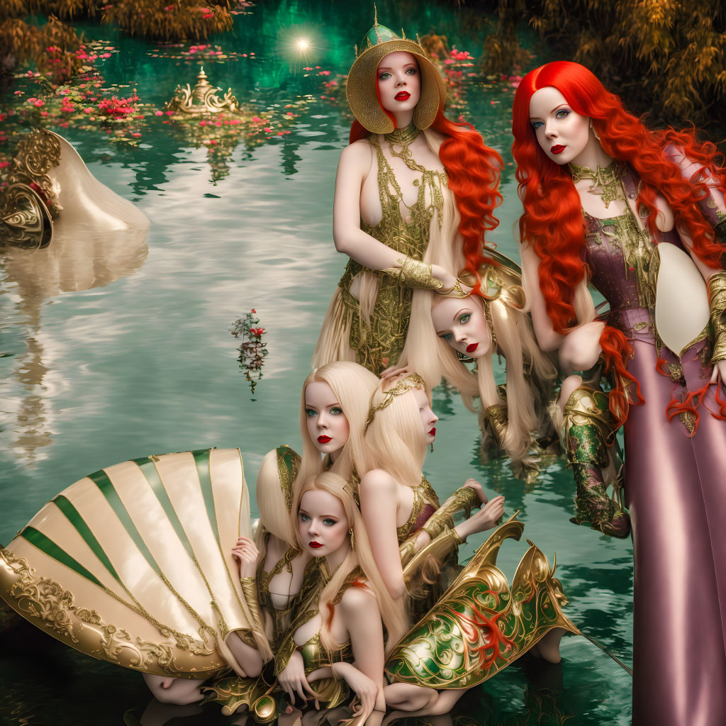 Five Fantasy Women with Red and Blonde Hairstyles in Elaborate Gold-Adorned Costumes