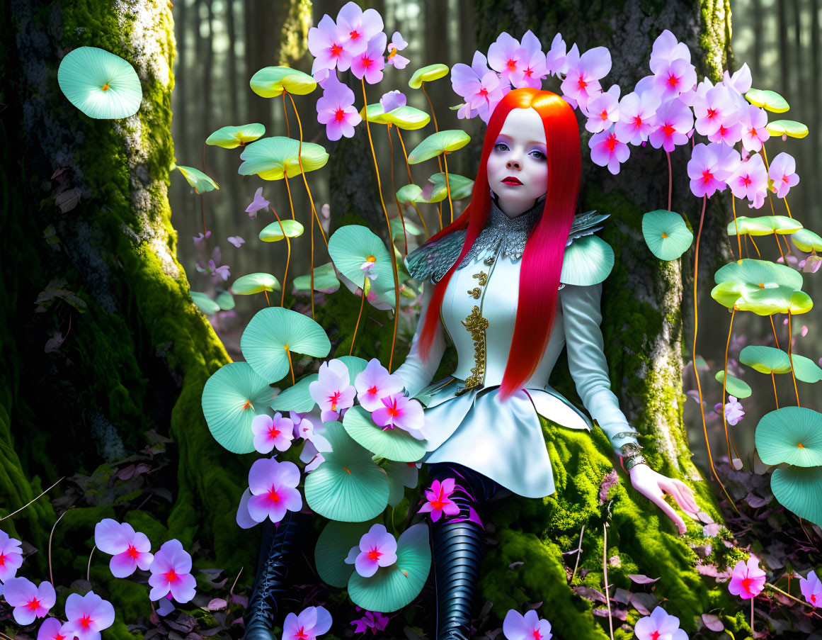Fantasy Scene: Woman with Red Hair Surrounded by Pink Flowers in Green Forest