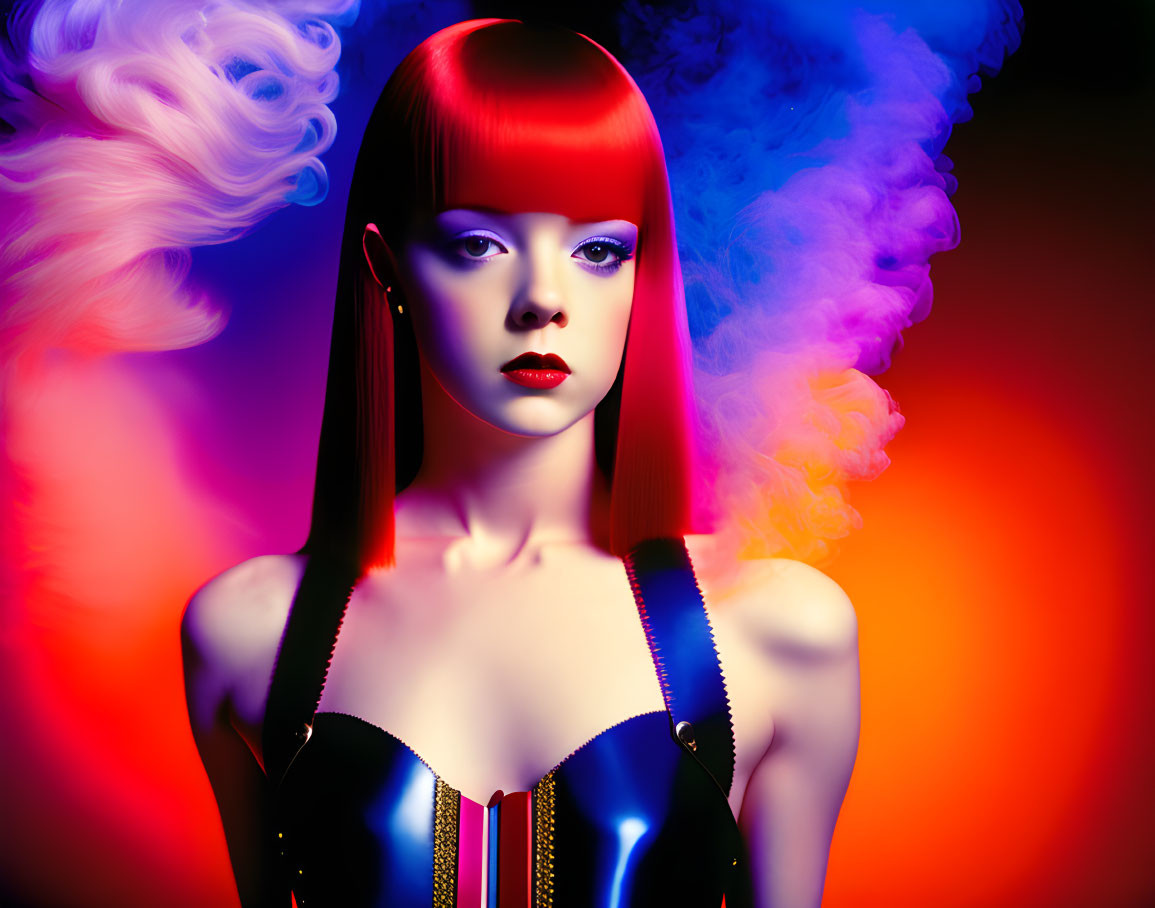 Vibrant red bob haircut and artistic makeup against multicolored backdrop