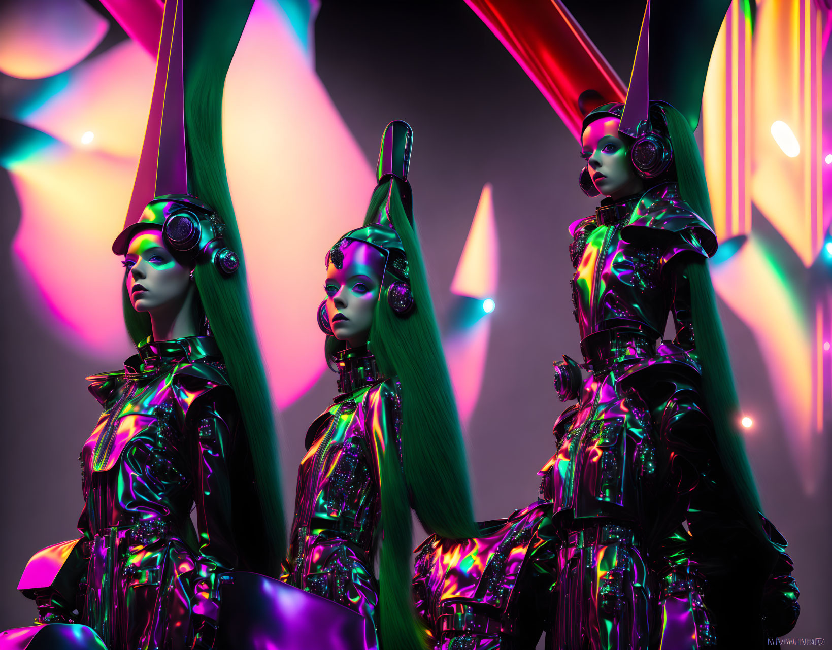 Three mannequins with green hair and black outfits in futuristic setting