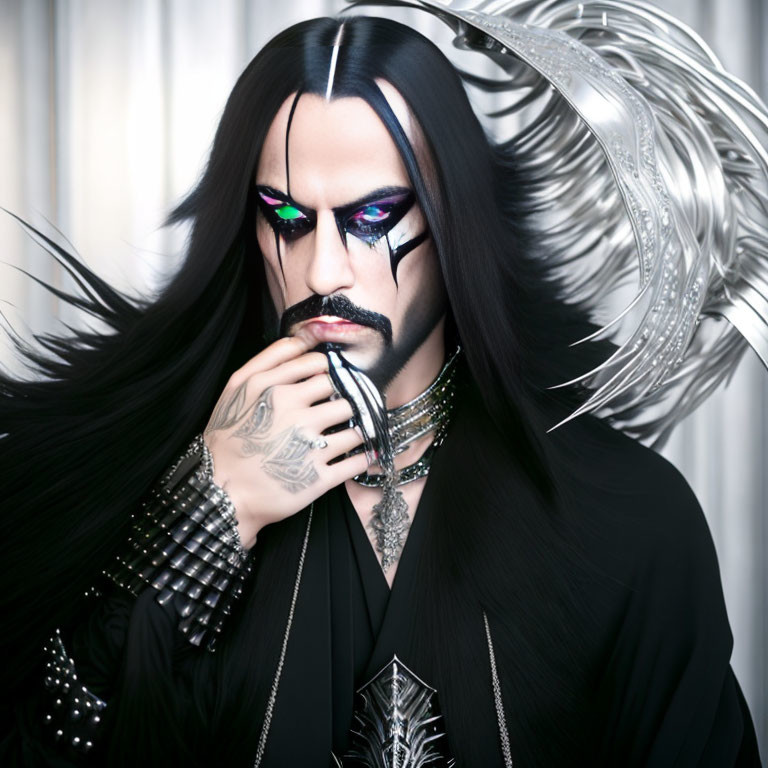Person with dramatic makeup and dark hair in black clothing and silver accessories posing with hand near face