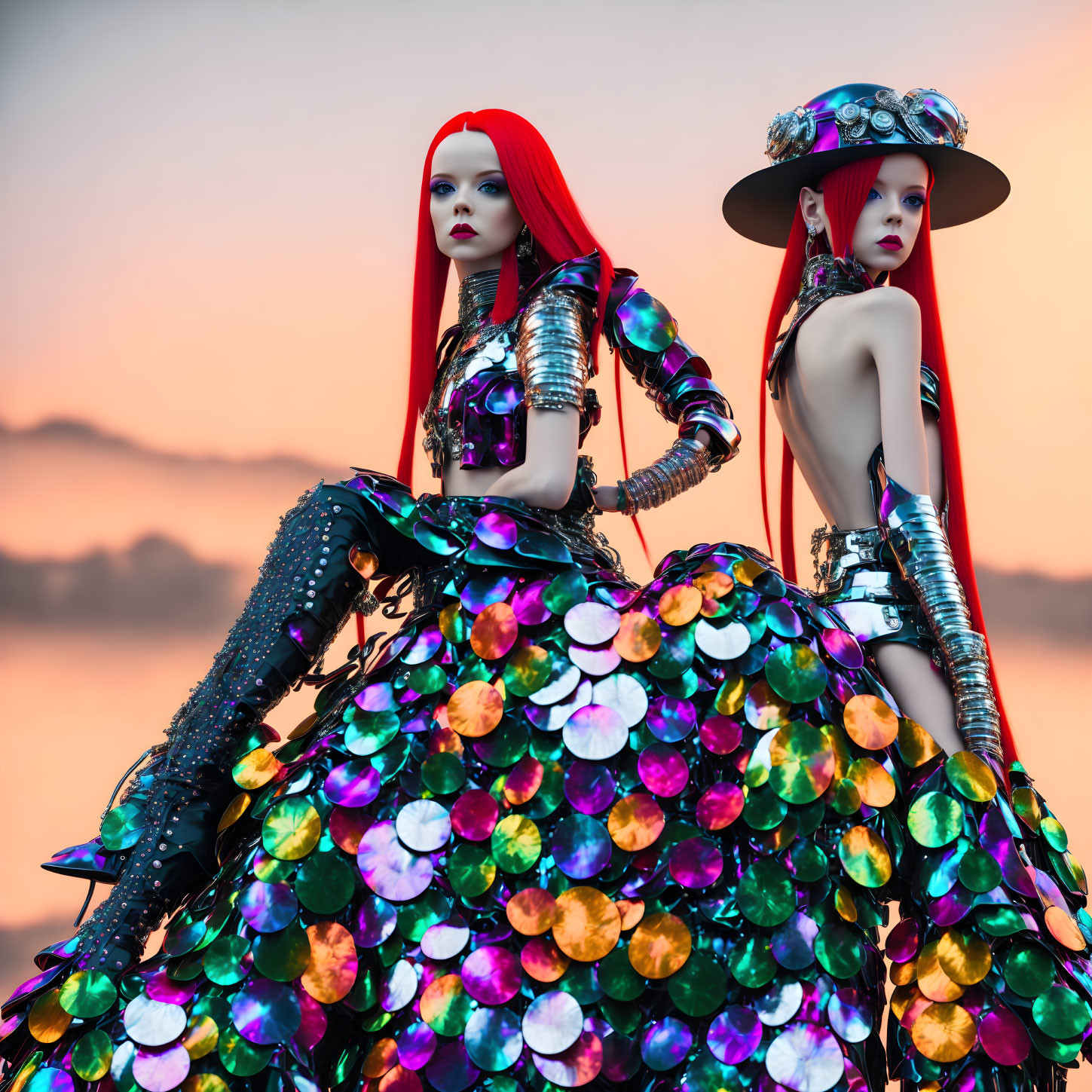 Stylized figures with red hair in metallic outfits against sunset backdrop