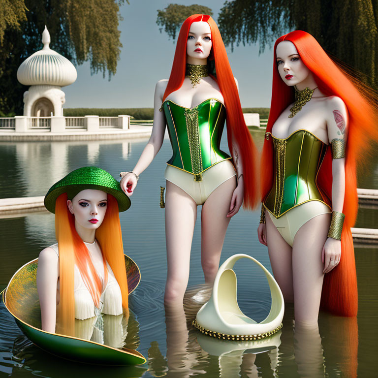 Three red-haired women in green and gold corsets in surreal garden setting