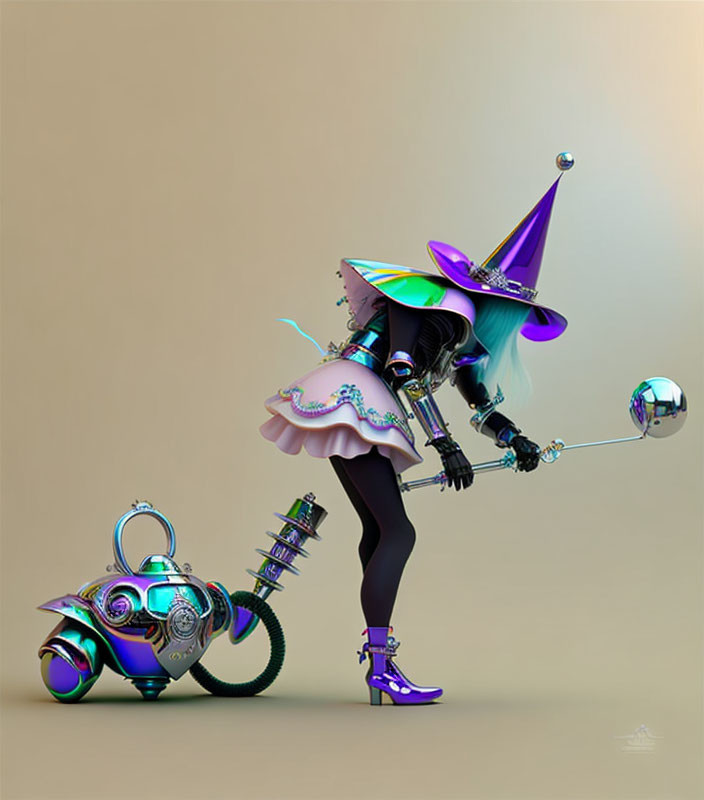 Futuristic witch with purple hat and teal hair next to robotic cauldron